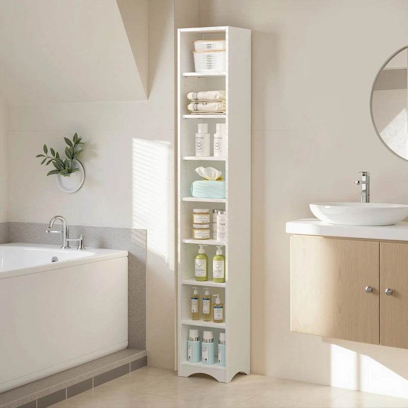 Armoire à Linge de Salle de Bain Étroite en Bois Massif à 8 Niveaux de 180 cm de Haut