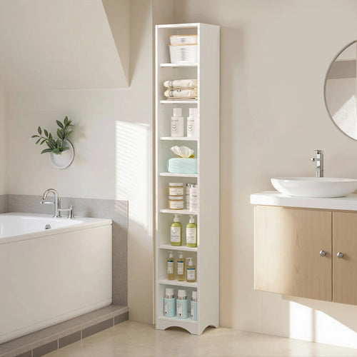 Armoire à Linge de Salle de Bain Étroite en Bois Massif à 8 Niveaux de 180 cm de Haut