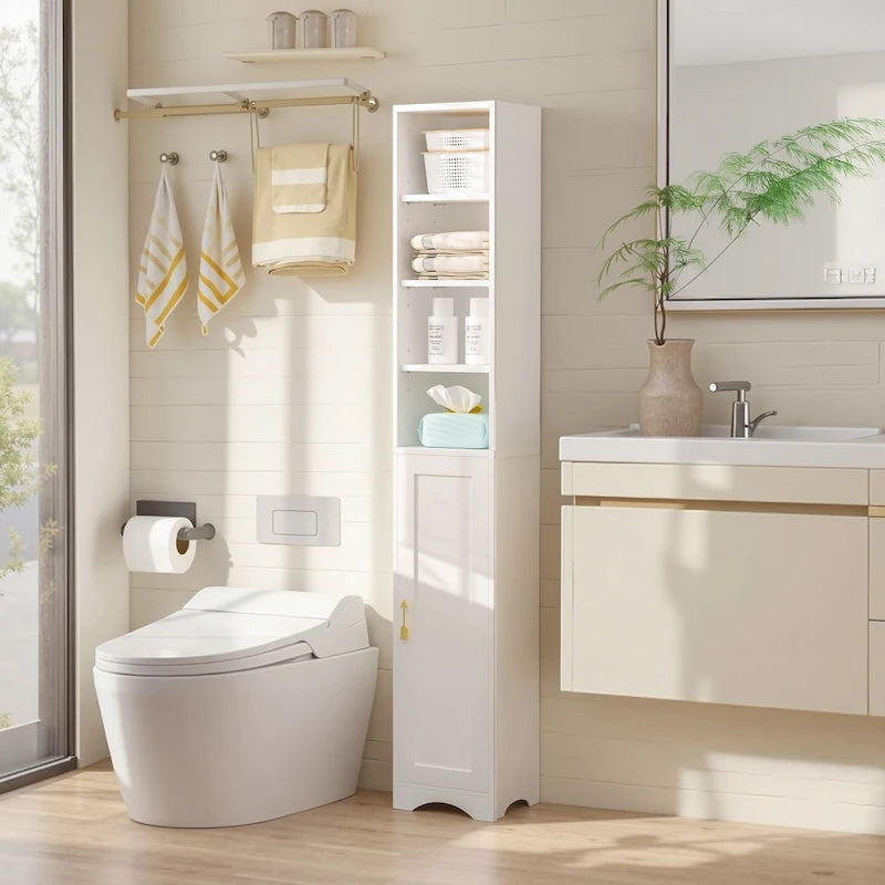 Armoire à Linge de Salle de Bain Étroite en Bois Massif à 8 Niveaux de 180 cm de Haut