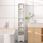 Armoire à Linge de Salle de Bain Étroite en Bois Massif à 8 Niveaux de 180 cm de Haut