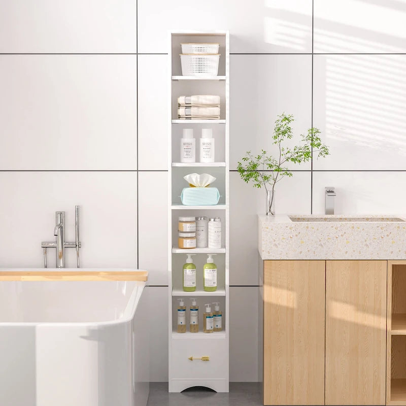 Armoire à Linge de Salle de Bain Étroite en Bois Massif à 8 Niveaux de 180 cm de Haut