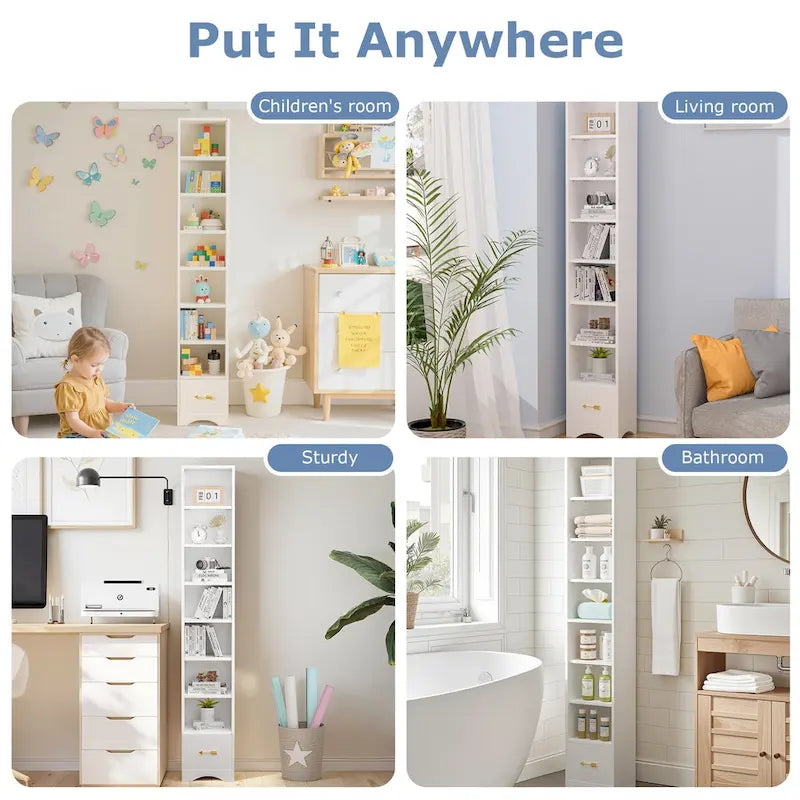 Armoire à Linge de Salle de Bain Étroite en Bois Massif à 8 Niveaux de 180 cm de Haut