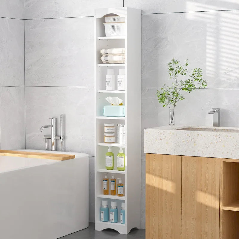 Armoire à Linge de Salle de Bain Étroite en Bois Massif à 8 Niveaux de 180 cm de Haut