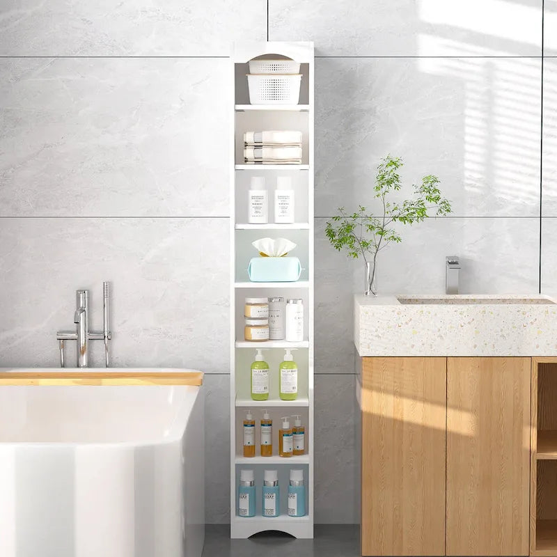 Armoire à Linge de Salle de Bain Étroite en Bois Massif à 8 Niveaux de 180 cm de Haut