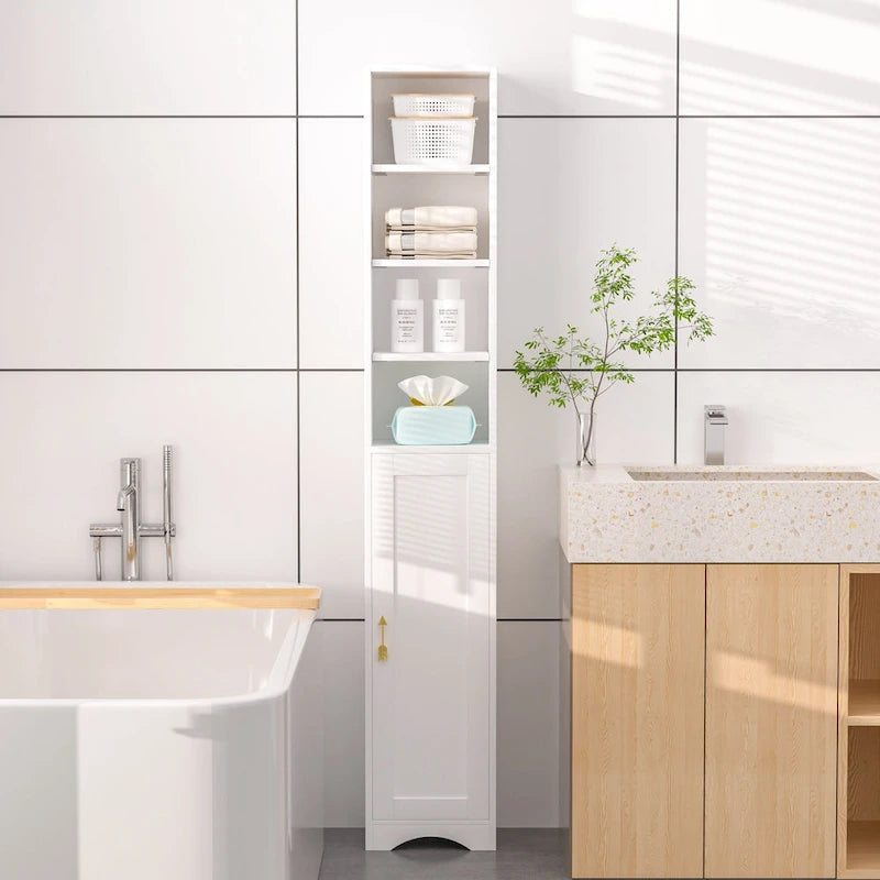 Armoire à Linge de Salle de Bain Étroite en Bois Massif à 8 Niveaux de 180 cm de Haut