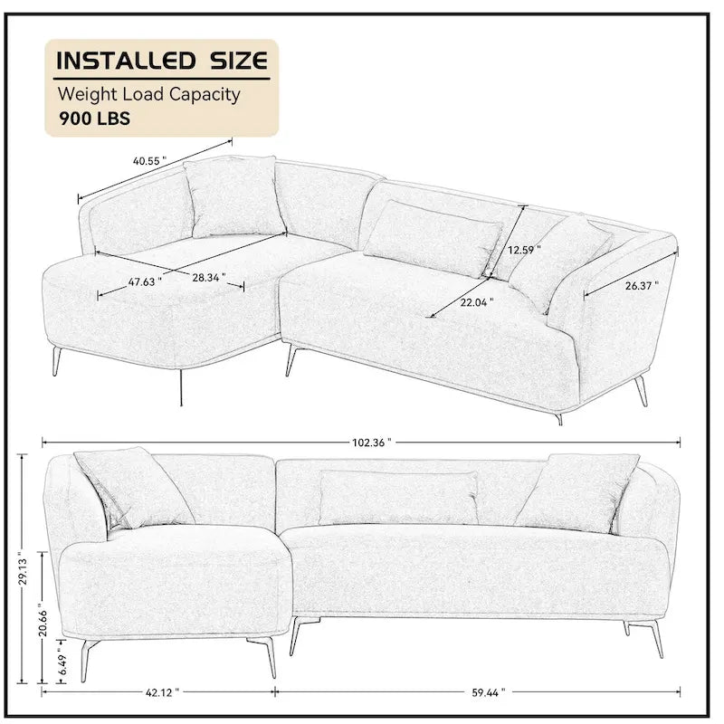 Canapé sectionnel bouclé en forme de L de 259 cm, design rétro incurvé, 2 pièces, aucun assemblage requis