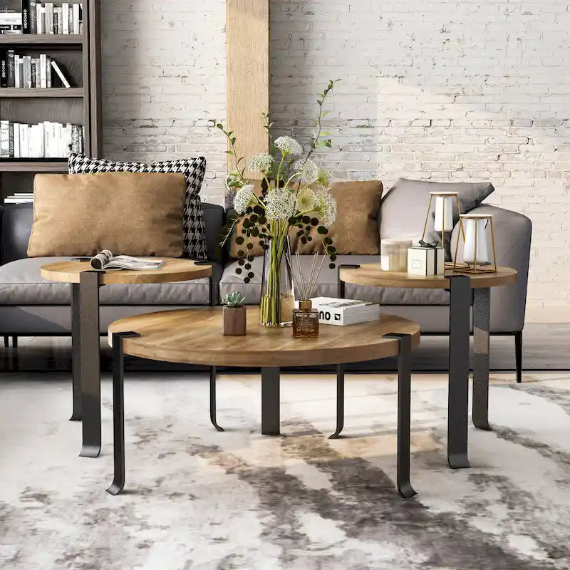Ensemble de 3 tables basses et tables d'appoint rondes en acier de 104 cm, style de transition