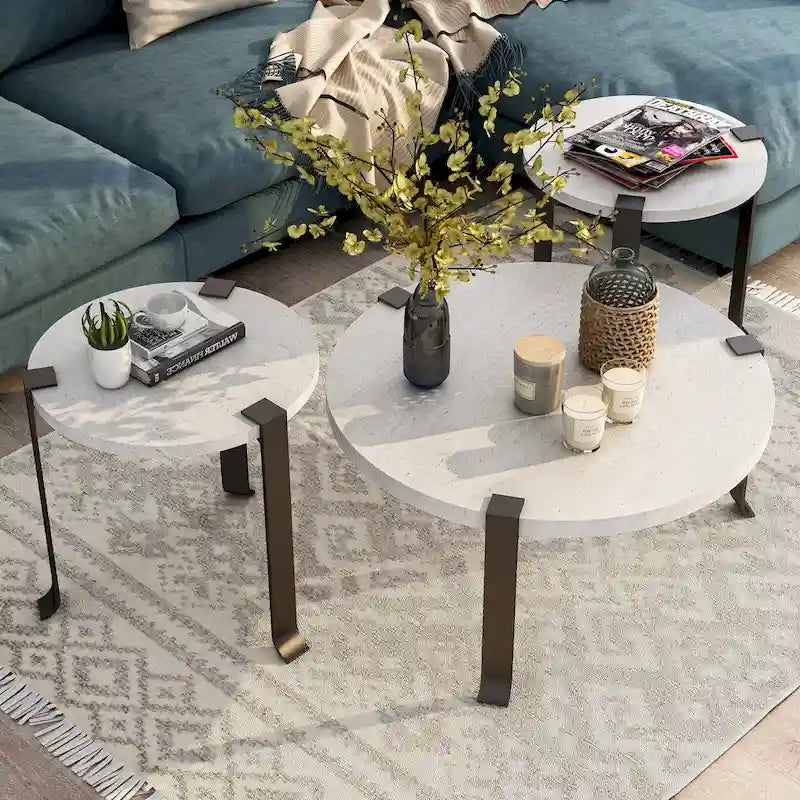 Ensemble de 3 tables basses et tables d'appoint rondes en acier de 104 cm, style de transition
