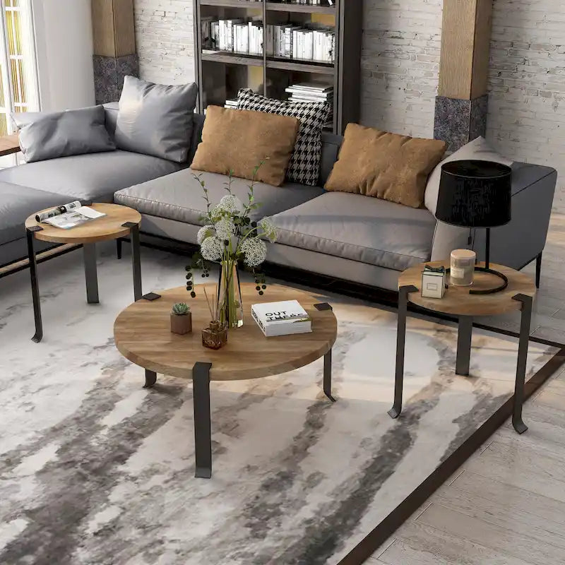 Ensemble de 3 tables basses et tables d'appoint rondes en acier de 104 cm, style de transition