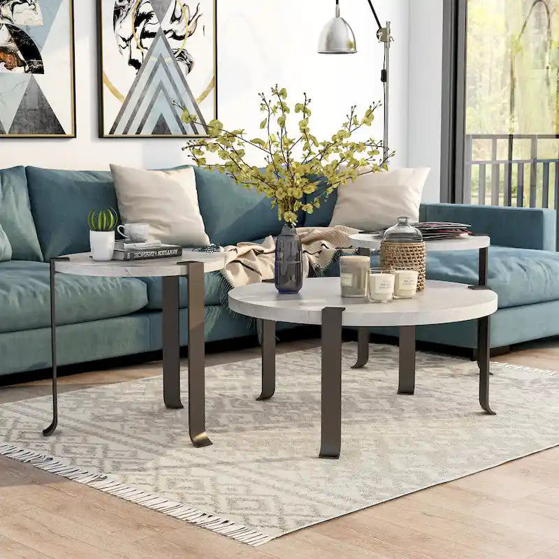 Ensemble de 3 tables basses et tables d'appoint rondes en acier de 104 cm, style de transition