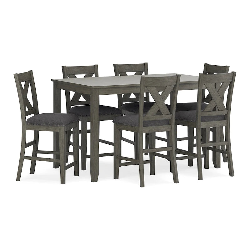 Ensemble de salle à manger hauteur comptoir gris avec 6 tabourets de bar, 7 pièces, en bois massif, sièges rembourrés