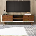 Meuble TV de style Mid-Century avec 6 placards de rangement, finition blanc et noyer, cadre en bois massif, moderne
