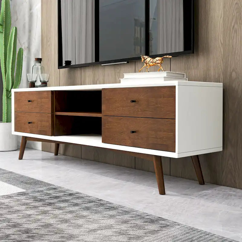 Meuble TV de style Mid-Century avec 6 placards de rangement, finition blanc et noyer, cadre en bois massif, moderne