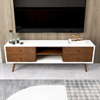 Meuble TV de style Mid-Century avec 6 placards de rangement, finition blanc et noyer, cadre en bois massif, moderne