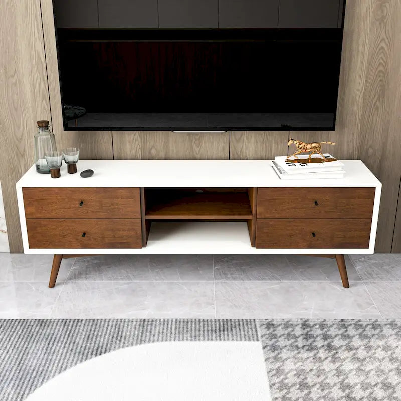 Meuble TV de style Mid-Century avec 6 placards de rangement, finition blanc et noyer, cadre en bois massif, moderne