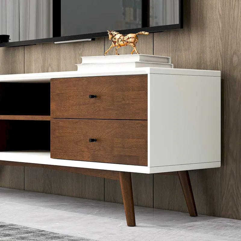 Meuble TV de style Mid-Century avec 6 placards de rangement, finition blanc et noyer, cadre en bois massif, moderne