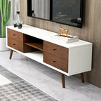 Meuble TV de style Mid-Century avec 6 placards de rangement, finition blanc et noyer, cadre en bois massif, moderne