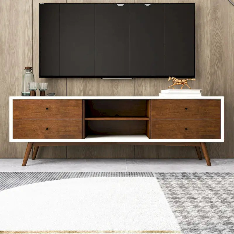 Meuble TV de style Mid-Century avec 6 placards de rangement, finition blanc et noyer, cadre en bois massif, moderne