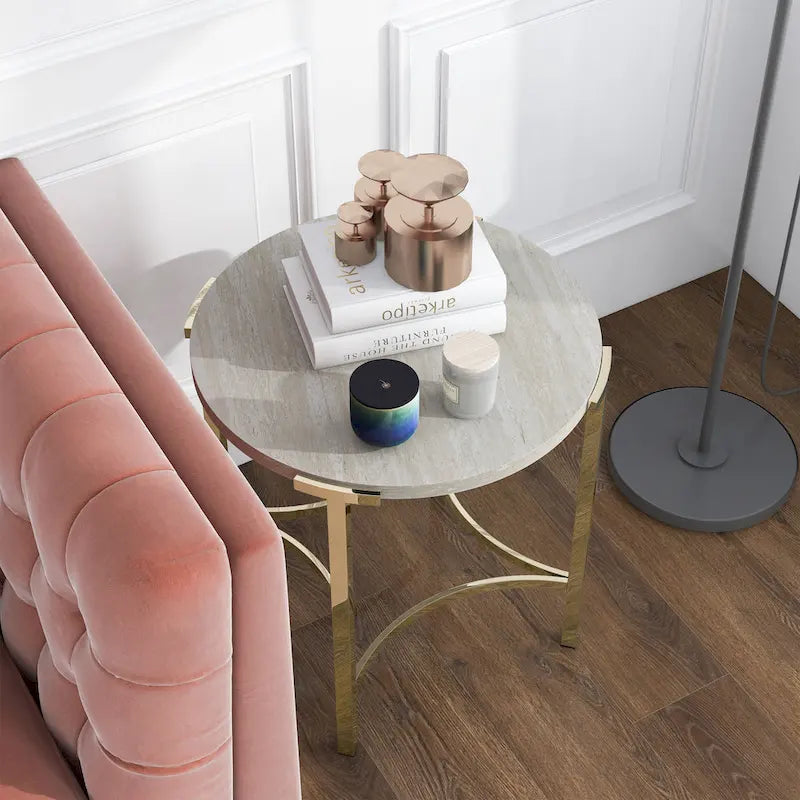 Table d'appoint ronde 24" en similicuir, base en métal doré, salon