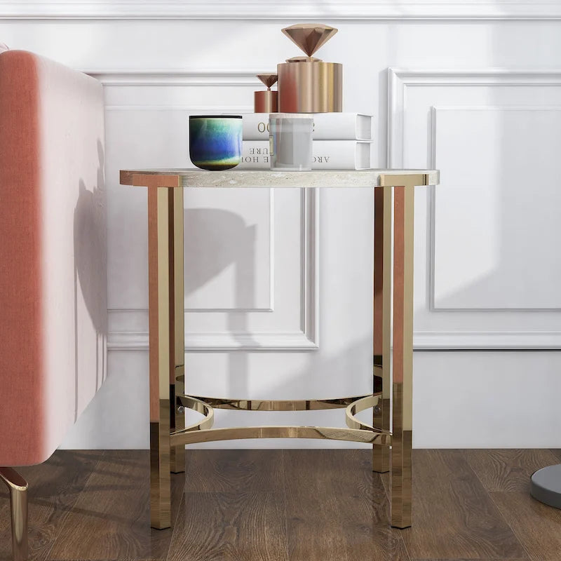 Table d'appoint ronde 24" en similicuir, base en métal doré, salon