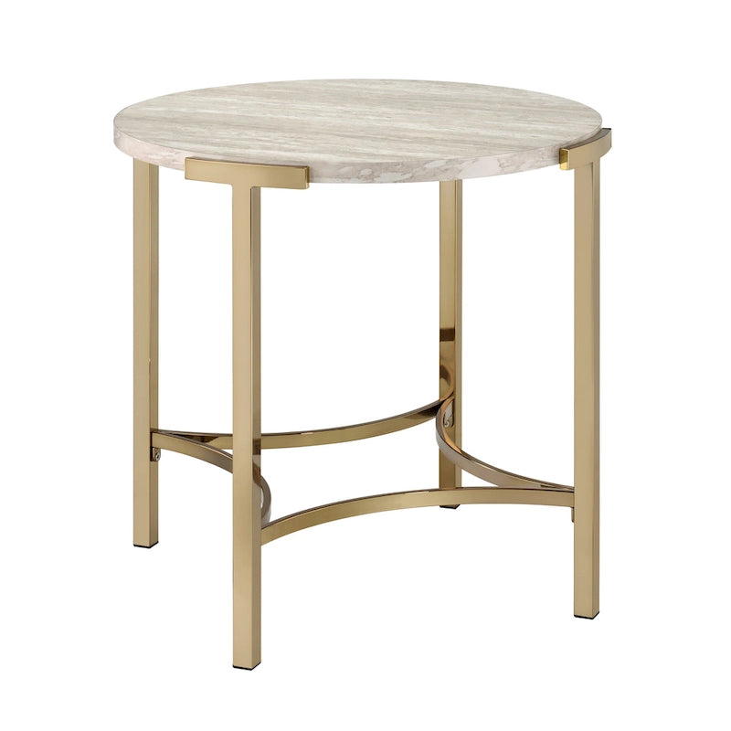 Table d'appoint ronde 24" en similicuir, base en métal doré, salon