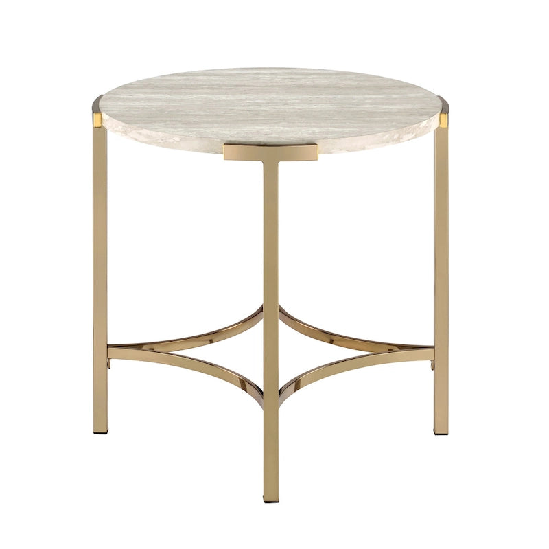 Table d'appoint ronde 24" en similicuir, base en métal doré, salon
