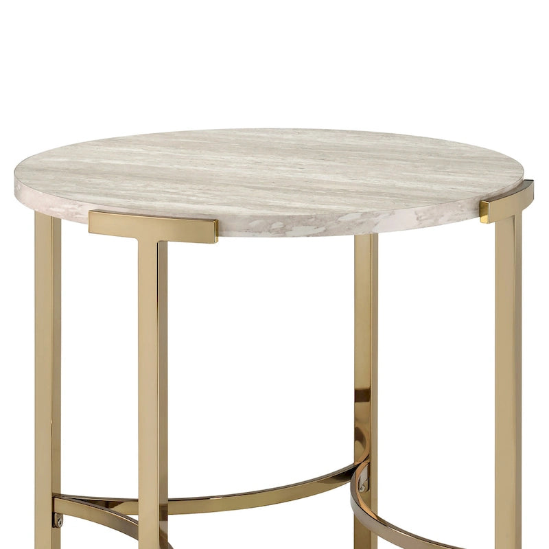Table d'appoint ronde 24" en similicuir, base en métal doré, salon