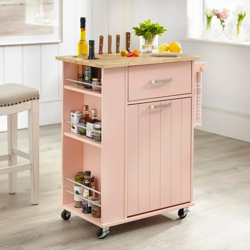 Desserte de cuisine roulante avec étagères de rangement, plateau en bois de boucher, roues