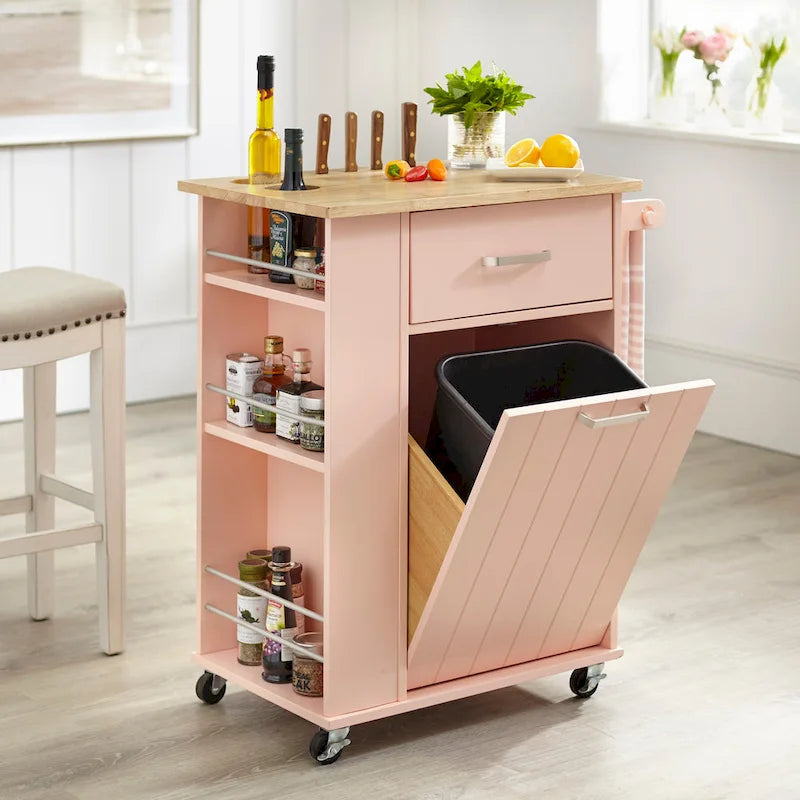 Desserte de cuisine roulante avec étagères de rangement, plateau en bois de boucher, roues