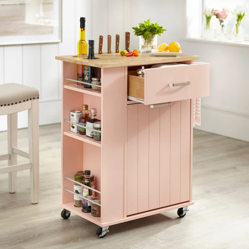 Desserte de cuisine roulante avec étagères de rangement, plateau en bois de boucher, roues