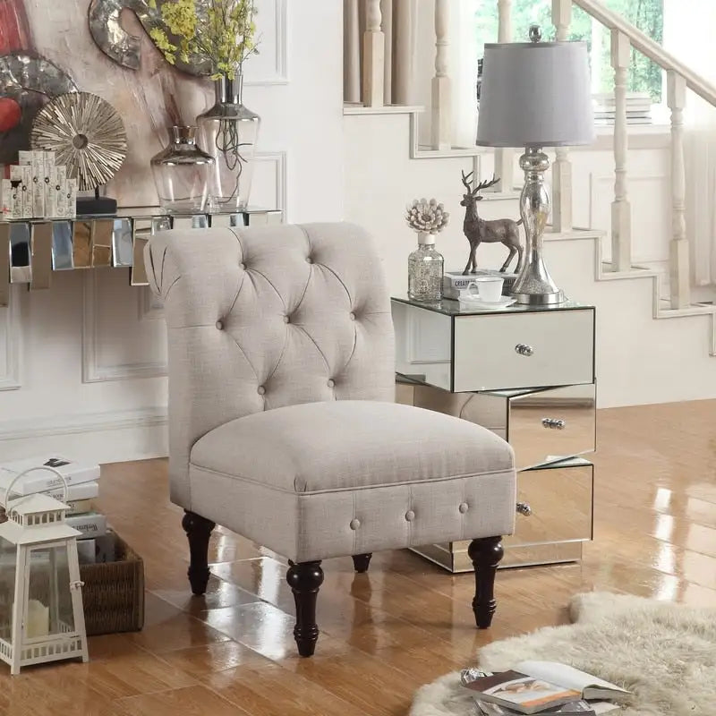 Fauteuil crapaud Chesterfield sans accoudoirs, capitonnage à boutons, pieds en bois massif, touche décorative pour salon