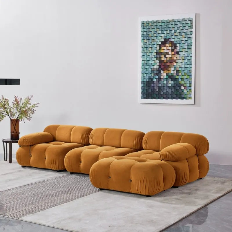 Canapé d'angle modulaire 4 places rembourré, tissu chenille/velours, mousse injectée, structure en bois