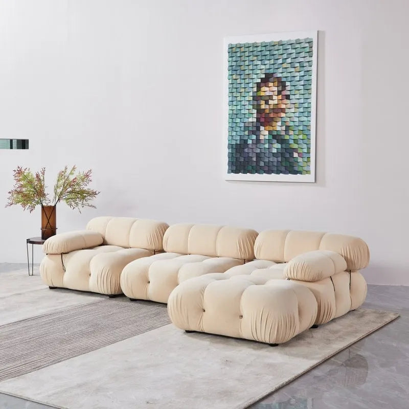 Canapé d'angle modulaire 4 places rembourré, tissu chenille/velours, mousse injectée, structure en bois