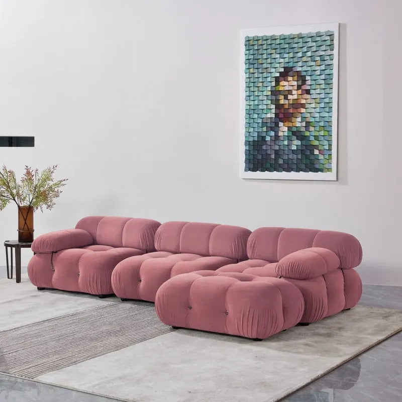 Canapé d'angle modulaire 4 places rembourré, tissu chenille/velours, mousse injectée, structure en bois
