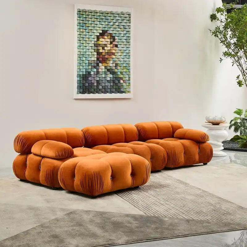 Canapé d'angle modulaire 4 places rembourré, tissu chenille/velours, mousse injectée, structure en bois