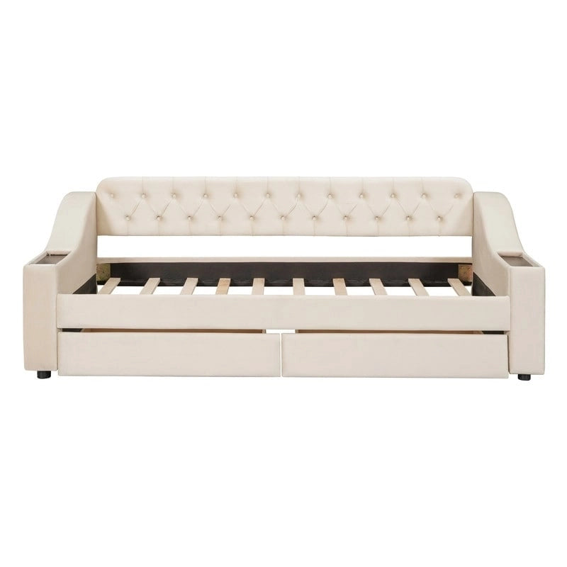 Lit de repos rembourré avec 2 tiroirs de rangement, cadre de lit de repos double avec accoudoirs de rangement et port USB, cadre de lit-canapé pour chambre à coucher