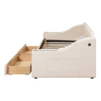 Lit de repos rembourré avec 2 tiroirs de rangement, cadre de lit de repos double avec accoudoirs de rangement et port USB, cadre de lit-canapé pour chambre à coucher