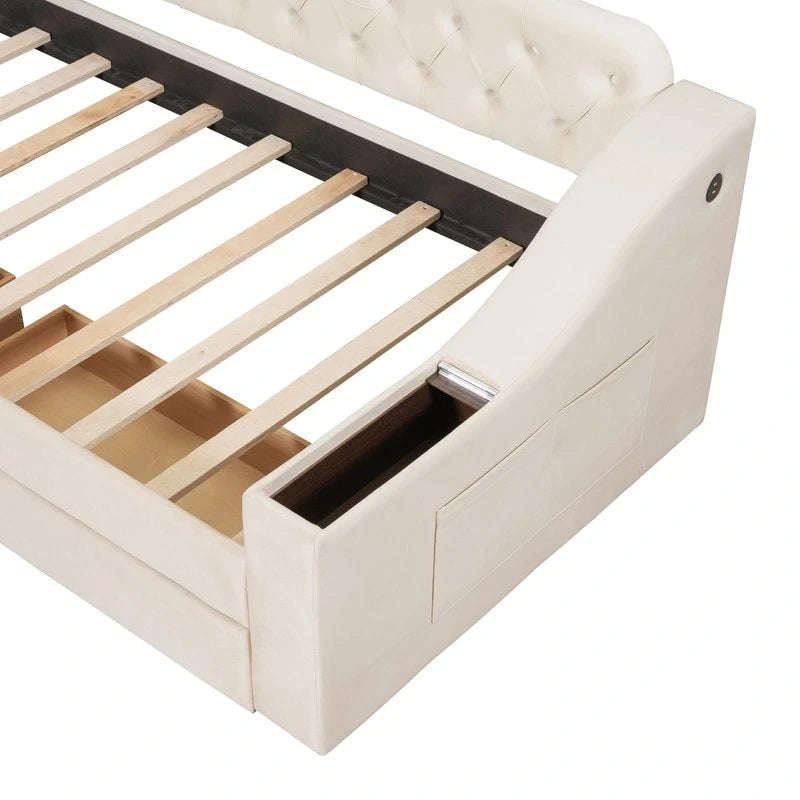 Lit de repos rembourré avec 2 tiroirs de rangement, cadre de lit de repos double avec accoudoirs de rangement et port USB, cadre de lit-canapé pour chambre à coucher
