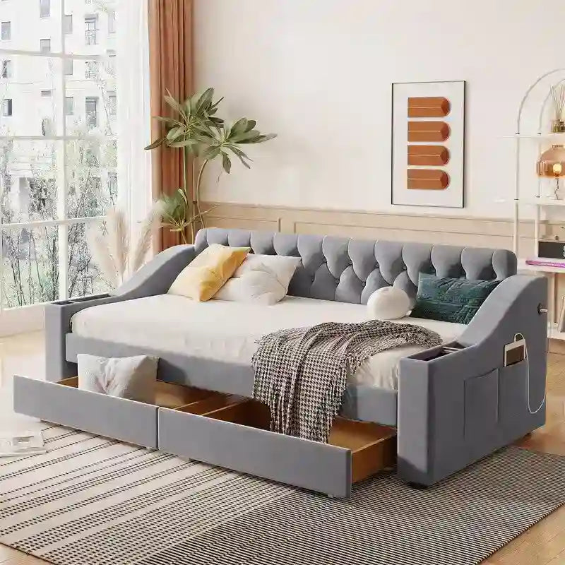 Lit de repos rembourré avec 2 tiroirs de rangement, cadre de lit de repos double avec accoudoirs de rangement et port USB, cadre de lit-canapé pour chambre à coucher