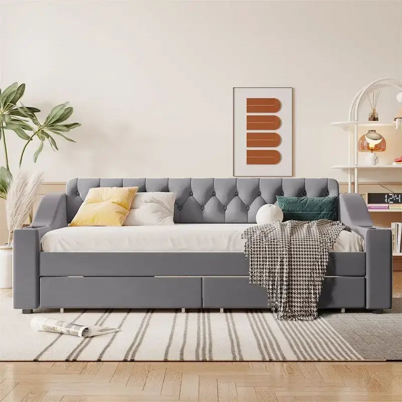 Lit de repos rembourré avec 2 tiroirs de rangement, cadre de lit de repos double avec accoudoirs de rangement et port USB, cadre de lit-canapé pour chambre à coucher