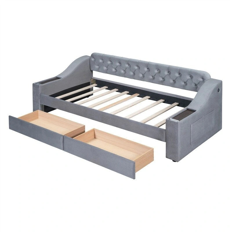 Lit de repos rembourré avec 2 tiroirs de rangement, cadre de lit de repos double avec accoudoirs de rangement et port USB, cadre de lit-canapé pour chambre à coucher