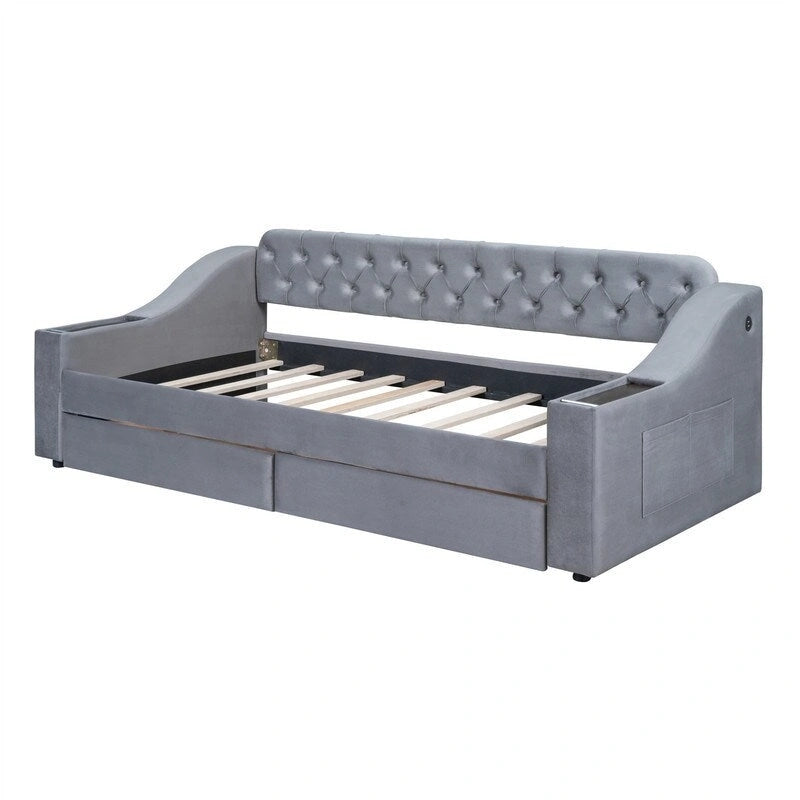 Lit de repos rembourré avec 2 tiroirs de rangement, cadre de lit de repos double avec accoudoirs de rangement et port USB, cadre de lit-canapé pour chambre à coucher