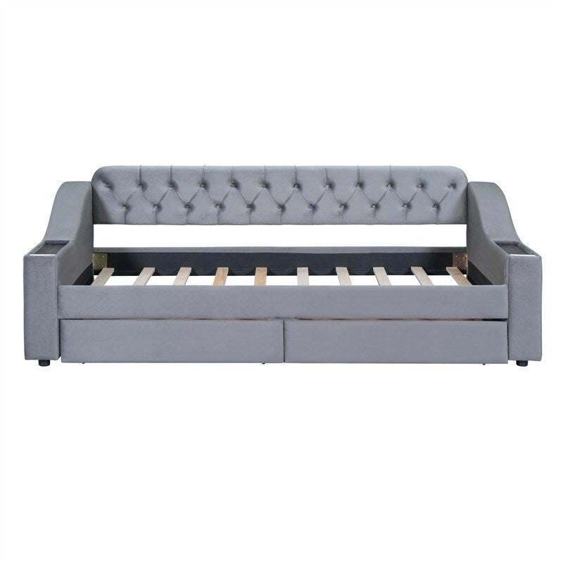 Lit de repos rembourré avec 2 tiroirs de rangement, cadre de lit de repos double avec accoudoirs de rangement et port USB, cadre de lit-canapé pour chambre à coucher