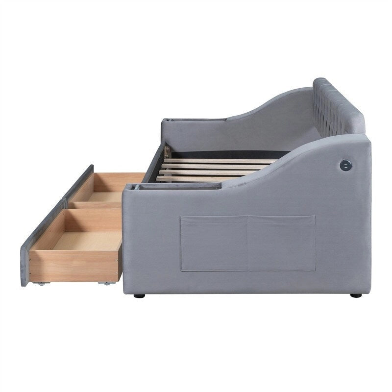 Lit de repos rembourré avec 2 tiroirs de rangement, cadre de lit de repos double avec accoudoirs de rangement et port USB, cadre de lit-canapé pour chambre à coucher