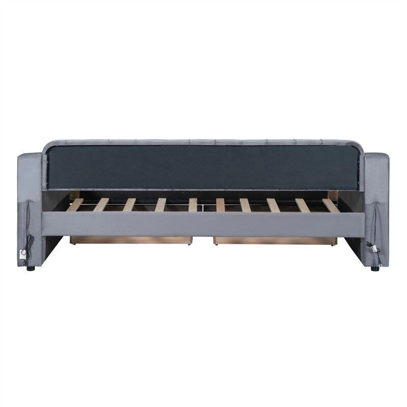 Lit de repos rembourré avec 2 tiroirs de rangement, cadre de lit de repos double avec accoudoirs de rangement et port USB, cadre de lit-canapé pour chambre à coucher