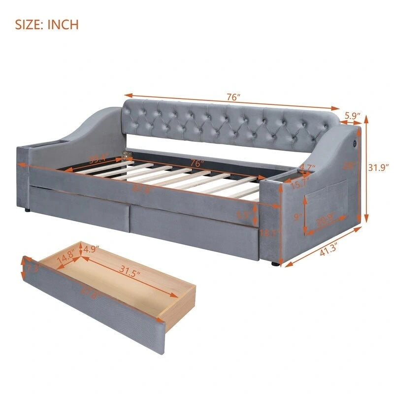 Lit de repos rembourré avec 2 tiroirs de rangement, cadre de lit de repos double avec accoudoirs de rangement et port USB, cadre de lit-canapé pour chambre à coucher