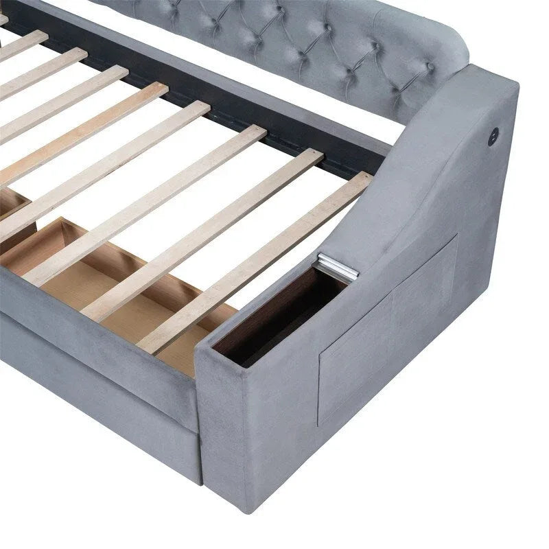 Lit de repos rembourré avec 2 tiroirs de rangement, cadre de lit de repos double avec accoudoirs de rangement et port USB, cadre de lit-canapé pour chambre à coucher