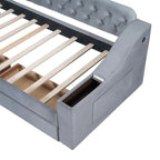 Lit de repos rembourré avec 2 tiroirs de rangement, cadre de lit de repos double avec accoudoirs de rangement et port USB, cadre de lit-canapé pour chambre à coucher
