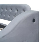 Lit de repos rembourré avec 2 tiroirs de rangement, cadre de lit de repos double avec accoudoirs de rangement et port USB, cadre de lit-canapé pour chambre à coucher