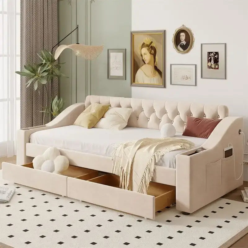 Lit de repos rembourré avec 2 tiroirs de rangement, cadre de lit de repos double avec accoudoirs de rangement et port USB, cadre de lit-canapé pour chambre à coucher